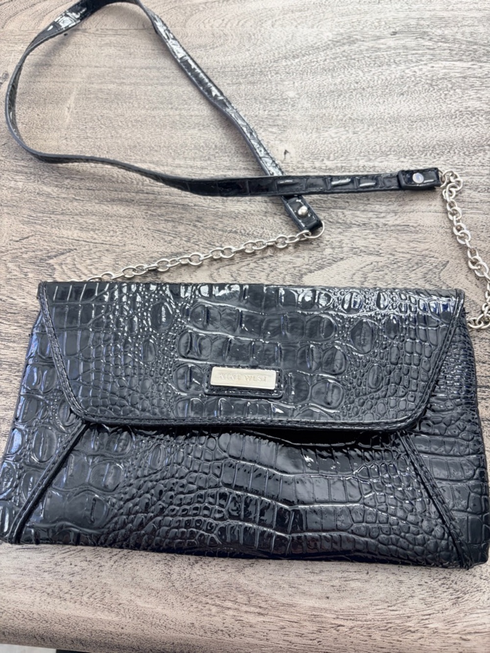Nine West Black Croc Embossed Convertible Crossbody/Clutch EUC